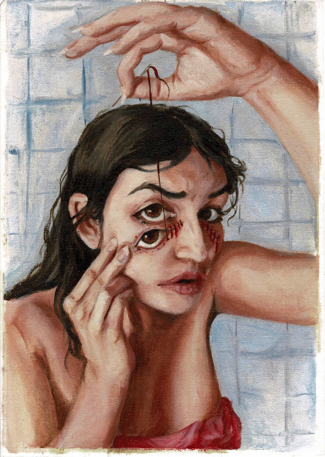 Self-portrait with a third eye and a thread drawn through the forehead