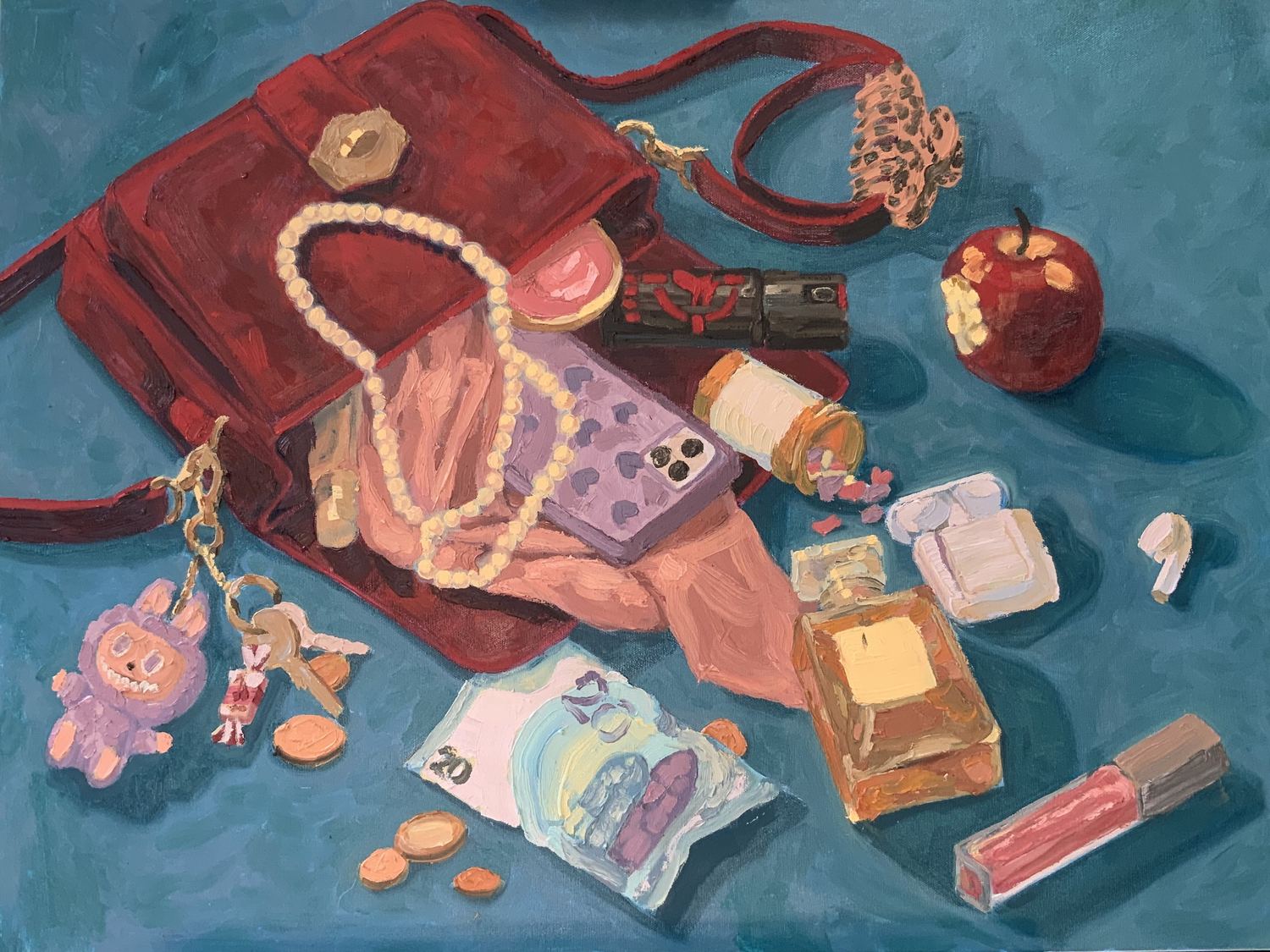 Girl painting, a red handbag spilled on a blue-green ground
